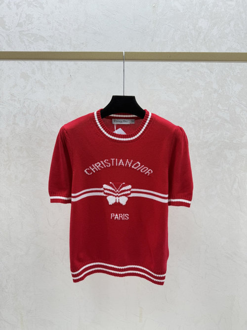 Dior Contrasting Letter Butterfly Round Neck Knitted Short Sleeve in Red