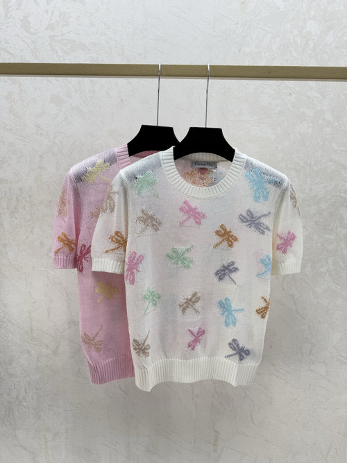 Dior Contrast-Color Dragonfly Jacquard Round-Neck Short-Sleeve Knit