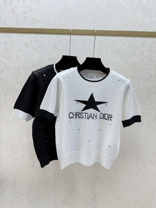 Dior White and Black Contrast Color Star Rhinestone Knit Top