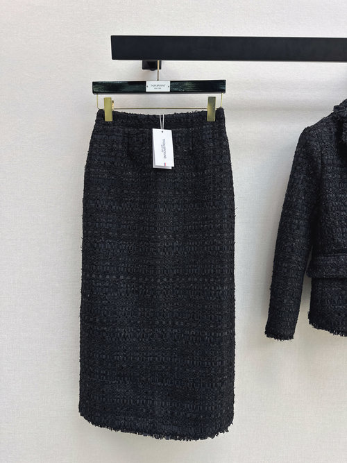 Thom Browne Elegant Black Woven Tweed Long Skirt with Slit