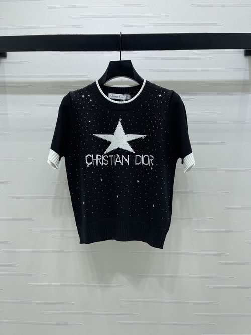 Dior Premium Knit Short Sleeve with Star Embroidered and Hot Drilled
