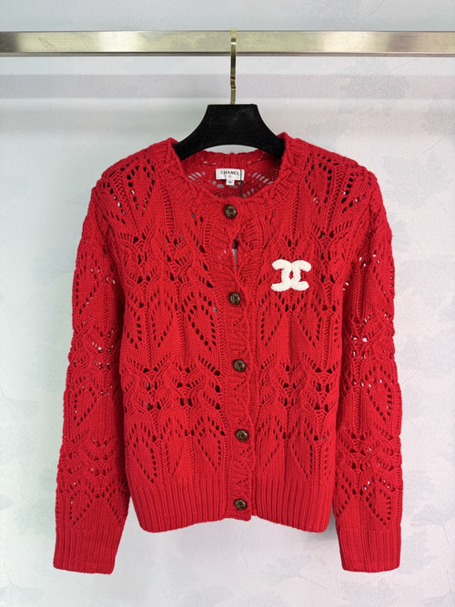 Chanel Red Lace Knitted Cardigan with Logo, Elegant