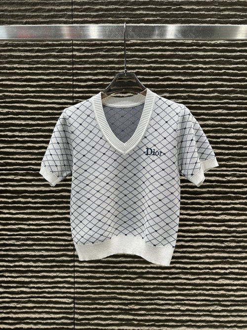 Dior Classic Diamond Jacquard V-neck Knit Short Sleeve Top