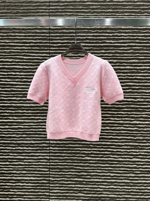 Dior Full Jacquard Letter V-neck Knit Short Sleeve Top