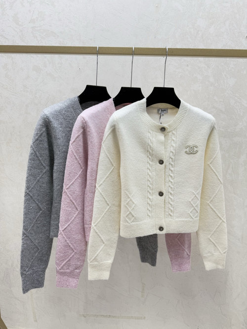 Chanel Solid-color Simple Round-neck Knitted Long Sleeve Cardigan in White, Pink & Grey