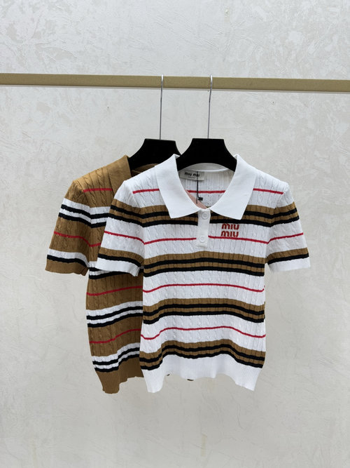 Miu Miu White and Khaki Collared Knitted Short Sleeve Top with Stripes