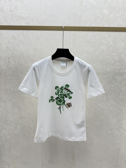 Dior Stylish White Knitted Short Sleeve Top with Contrast Clovers and Round Neck