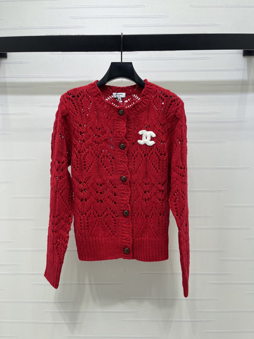 Chanel Hollow Knit Cardigan with Logo Embroidery, Elegant Style