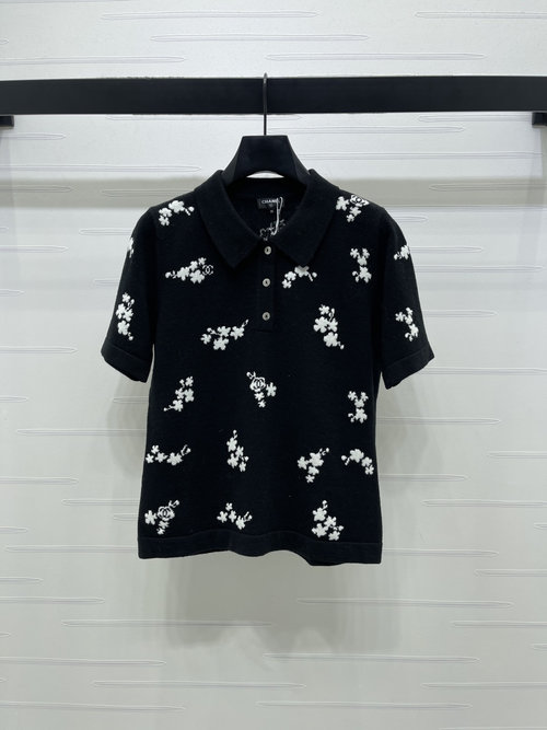 Chanel Flower Collared Knit Short-Sleeve, Elegant and Playful