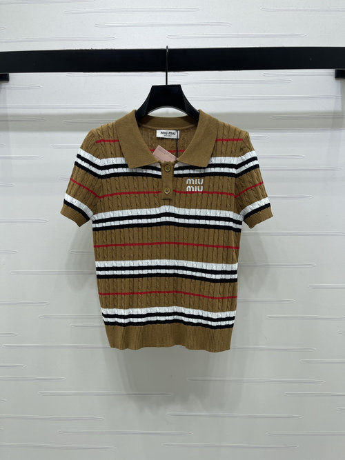 Miu Miu Twist Stripe Collar Knit Short-Sleeve with Embroidered Logo