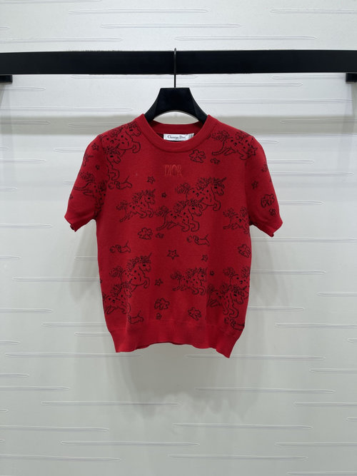 Dior Romantic Butterfly Embroidery Knitted Short Sleeve