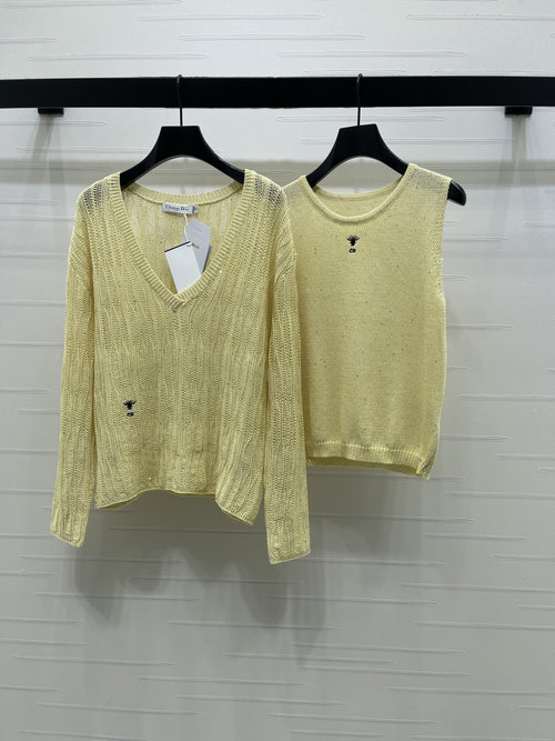 Dior Sequined Hollow V-Neck Knit Long Sleeve and Vest Set