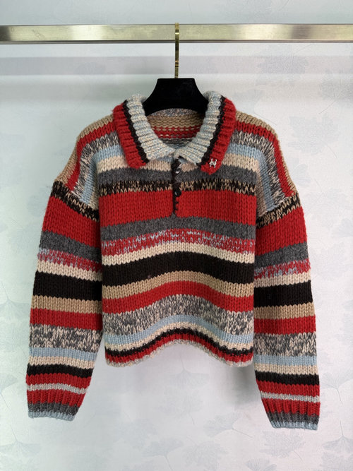 Celine Colorful Striped Knit Polo in Alpaca Wool Blend