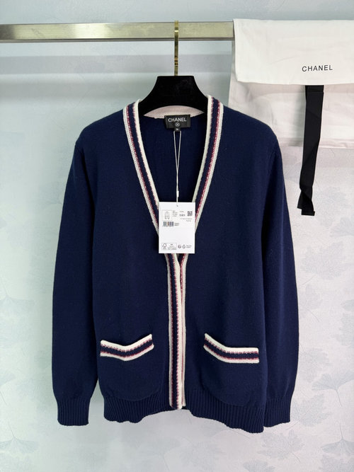 Chanel Navy Blue and Red Trimmed Cashmere Cardigan, Stylish