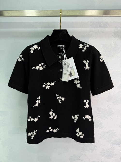 Chanel Black and White Floral Knit Polo Shirt with Logo