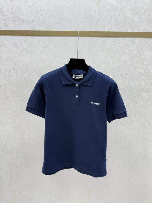 Miu Miu Royal Blue Solid Simple Collar Short Sleeve