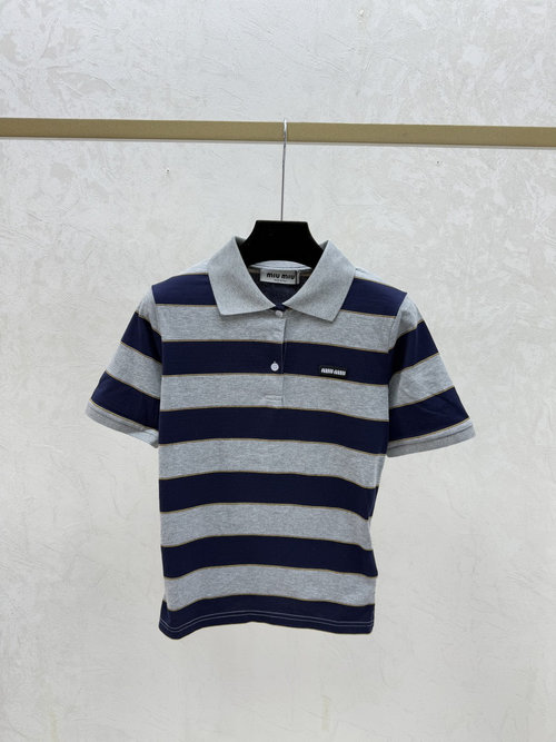 Miu Miu Gray Color Block Striped Collar Short Sleeve