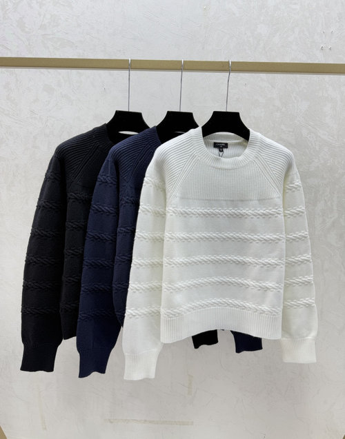 Chanel White, Royal Blue and Black Solid 3D Striped Round Neck Knit Long Sleeve