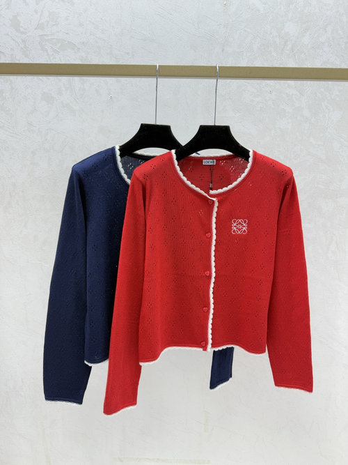 Loewe Red & Navy Blue Color-blocked Lace Hollow Knitted Cardigan