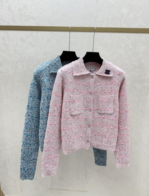 Chanel Pink & Blue Solid Color Sequined Lapel Knitted Cardigan