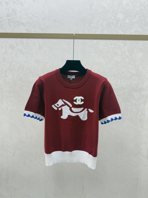 Chanel Red Color-blocked Pony Round-neck Knitted Short-sleeved Top