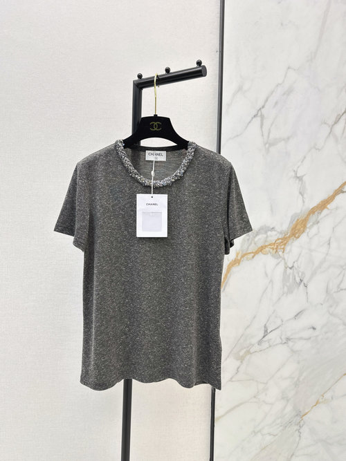 Chanel Cotton Linen Collar Beaded T - shirt