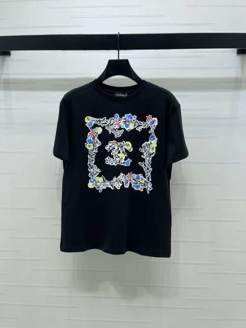 Chanel Classic Black and White Floral-Embroidered Tee with Double C Logo