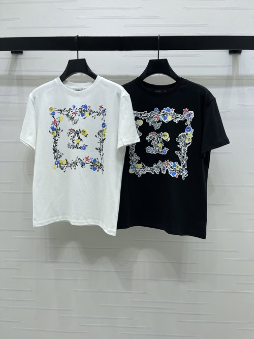 Chanel Classic Black and White Floral-Embroidered Tee with Double C Logo