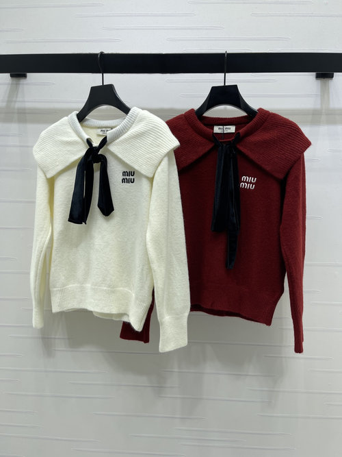 Miu Miu Soft Wool Blend Sweater with Large Collar, Bow and Embroidered Logo