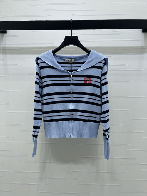 Miu Miu Premium Wool Blend Striped Zip-up Cardigan with Sailor Collar