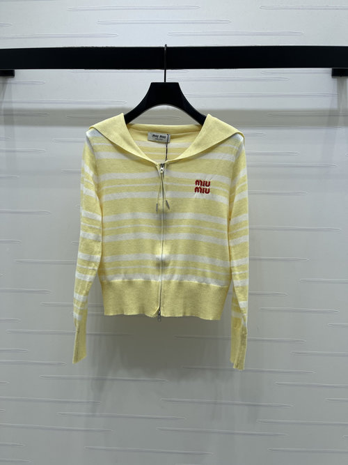 Miu Miu Premium Wool Blend Striped Zip-up Cardigan with Sailor Collar