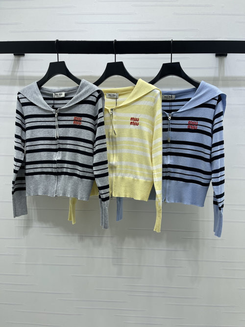 Miu Miu Premium Wool Blend Striped Zip-up Cardigan with Sailor Collar