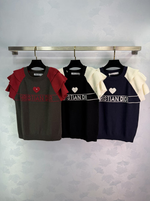 Dior Soft Knit Top with Ruffled Sleeves and Logo