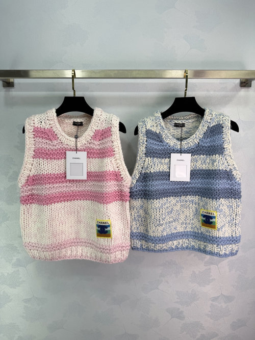 Chanel Round Neck Striped Knit Vest in Wool Blend
