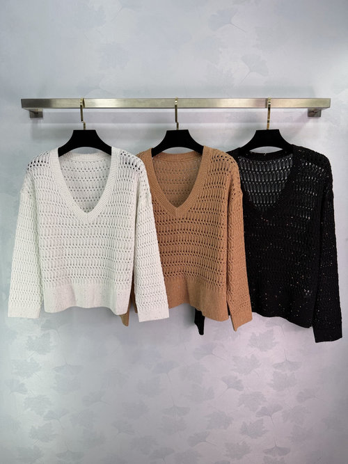 Brunello Cucinelli Lace V-Neck Knit Sweater, Soft Mixed Fabric, Loose Fit