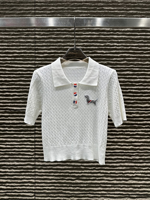 Thom Browne Distinguished Tory Burch Collared Three-Dimensional Puppy Knit Short-Sleeve