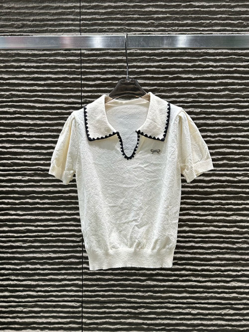 Miu Miu Refined Collared V-Neck Knit Short-Sleeve Top