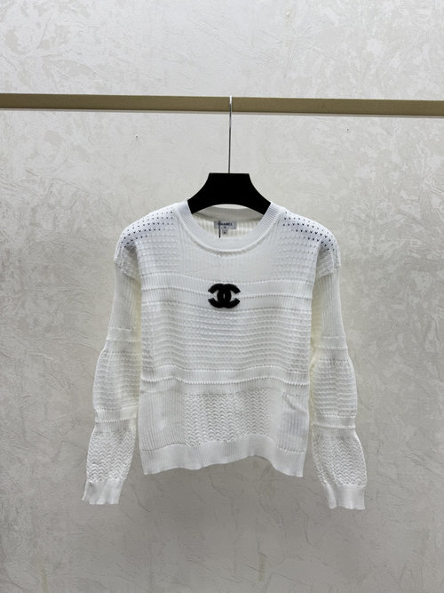 Chanel Solid-Color Hollowed Knit Long-Sleeved Top