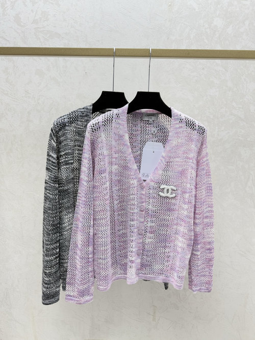 Chanel Contrast-Color Hollowed V-Neck Knit Long-Sleeved Cardigan