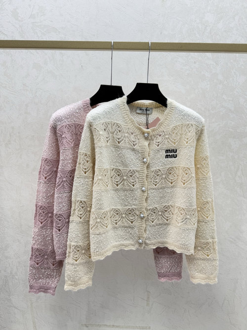 Miu Miu Apricot & Pink Contrast-Color Hollowed Round-Neck Knit Cardigan
