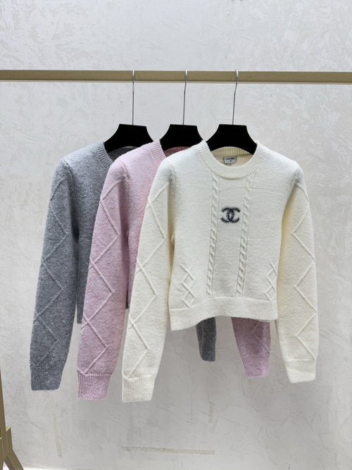 Chanel White, Pink & Grey Solid-Color Simple Round-Neck Knit Top