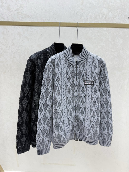 Burberry Color-Blocked Checkered High-Neck Knit Cardigan in Gray & Black