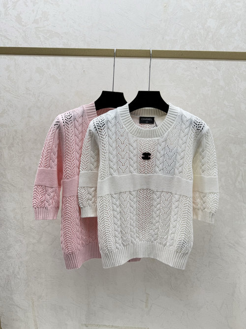 Chanel Solid Color Simple Hollow Round-Neck Knitted Short Sleeve