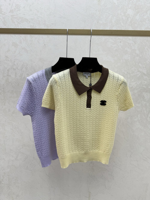 Chanel Contrast Color Lapel Simple Knitted Short Sleeve