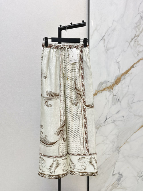 Max Mara French Elegant Horse-Printed Silk Straight Pants