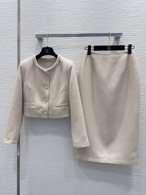 Chanel Neckline Modifying Classic French Tweed Suit