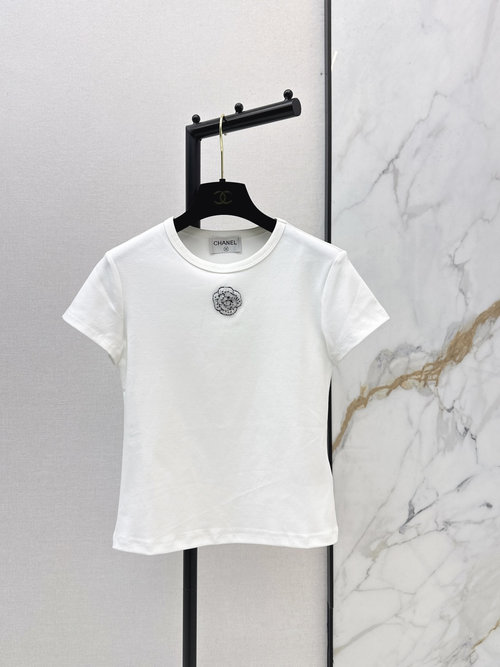 Chanel Beaded Camellia Round-Neck Short-Sleeved T-Shirt