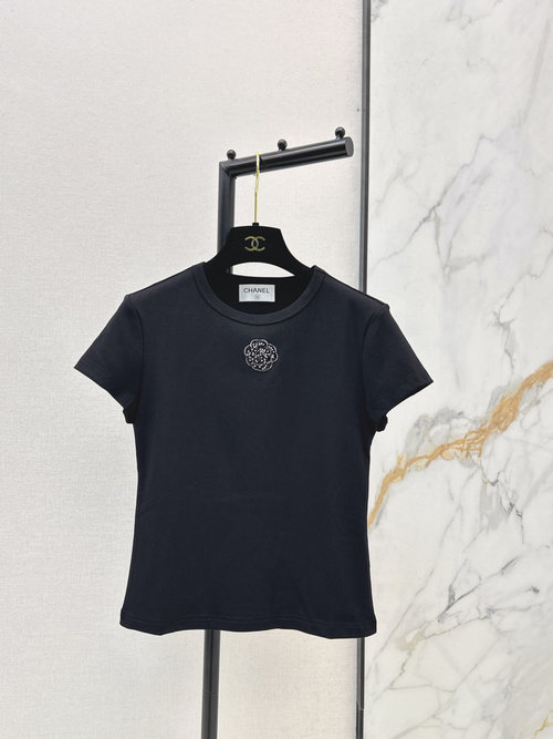Chanel Beaded Camellia Round-Neck Short-Sleeved T-Shirt