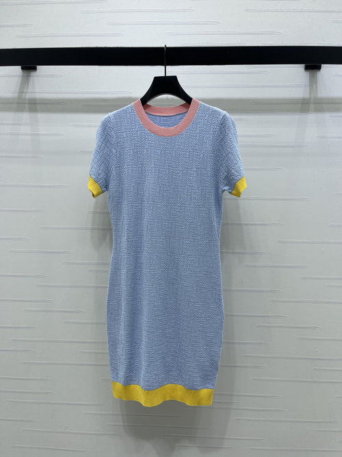 Fendi Jacquard Knit Round Neck Logo Short Sleeve Dress