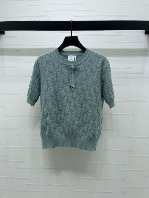 Dior High - end Jacquard Knit Short - Sleeve with Bow and CD Pendant